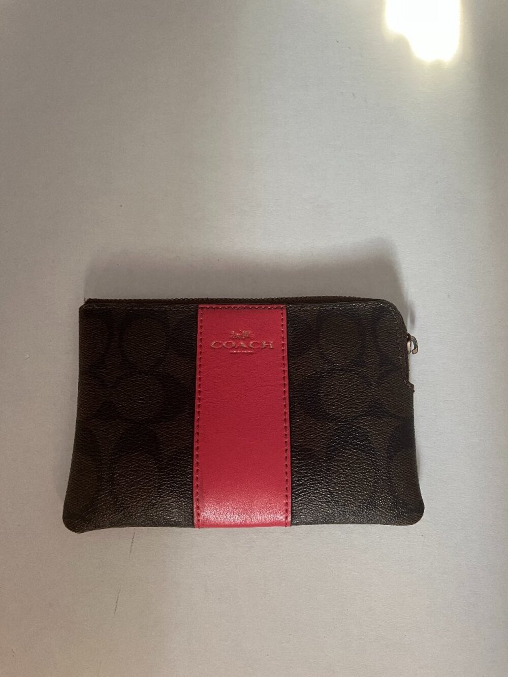 COACH Brown with Pink Stripe Signature Corner Zip Wristlet